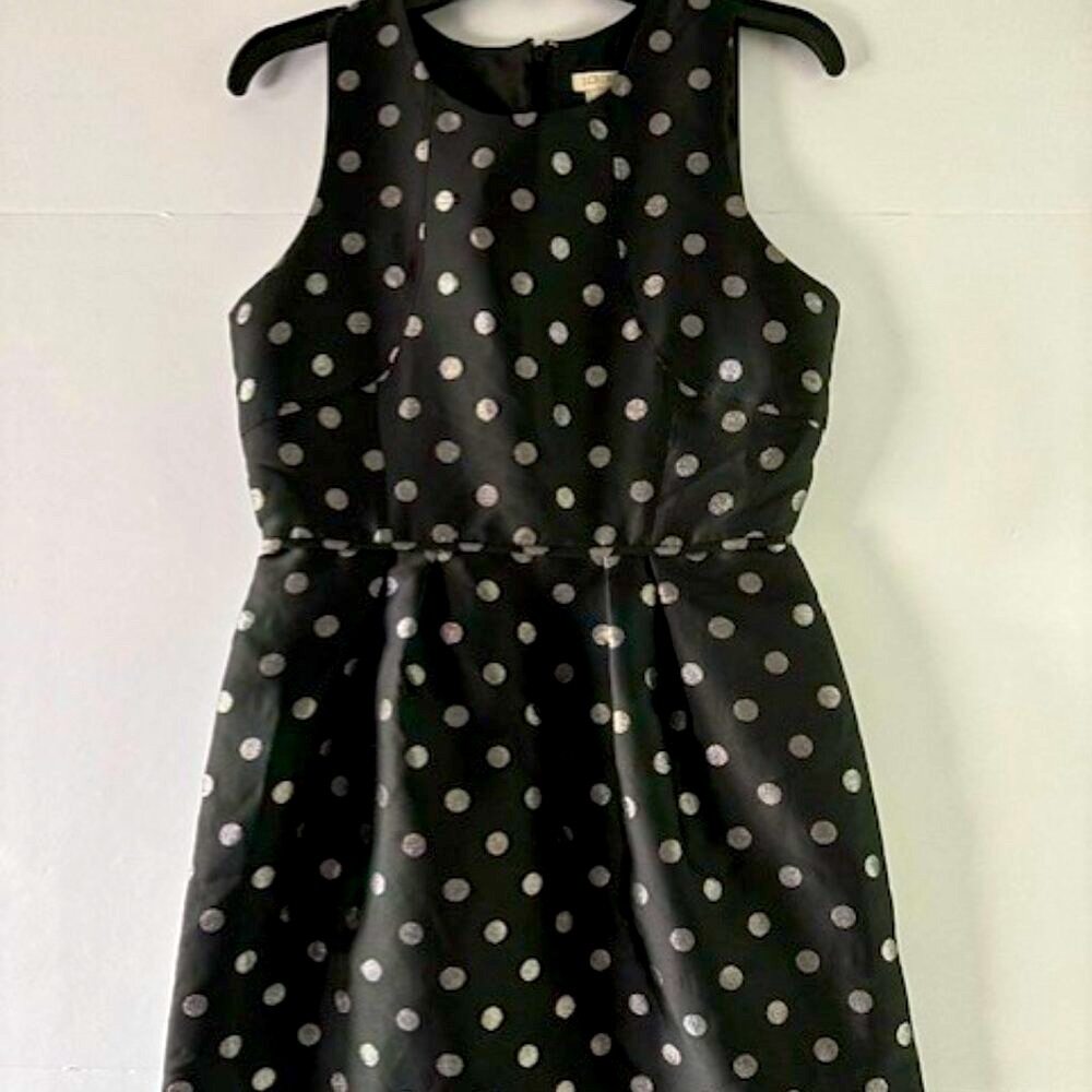 J Crew 6 Black Silver Polka Dot Party Dress Fit Flare Sparkle Cocktail Minimal